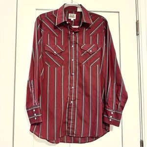 Ely Cattleman Men’s Western Burgundy Striped Pearl Snap Down Shirt • Medium